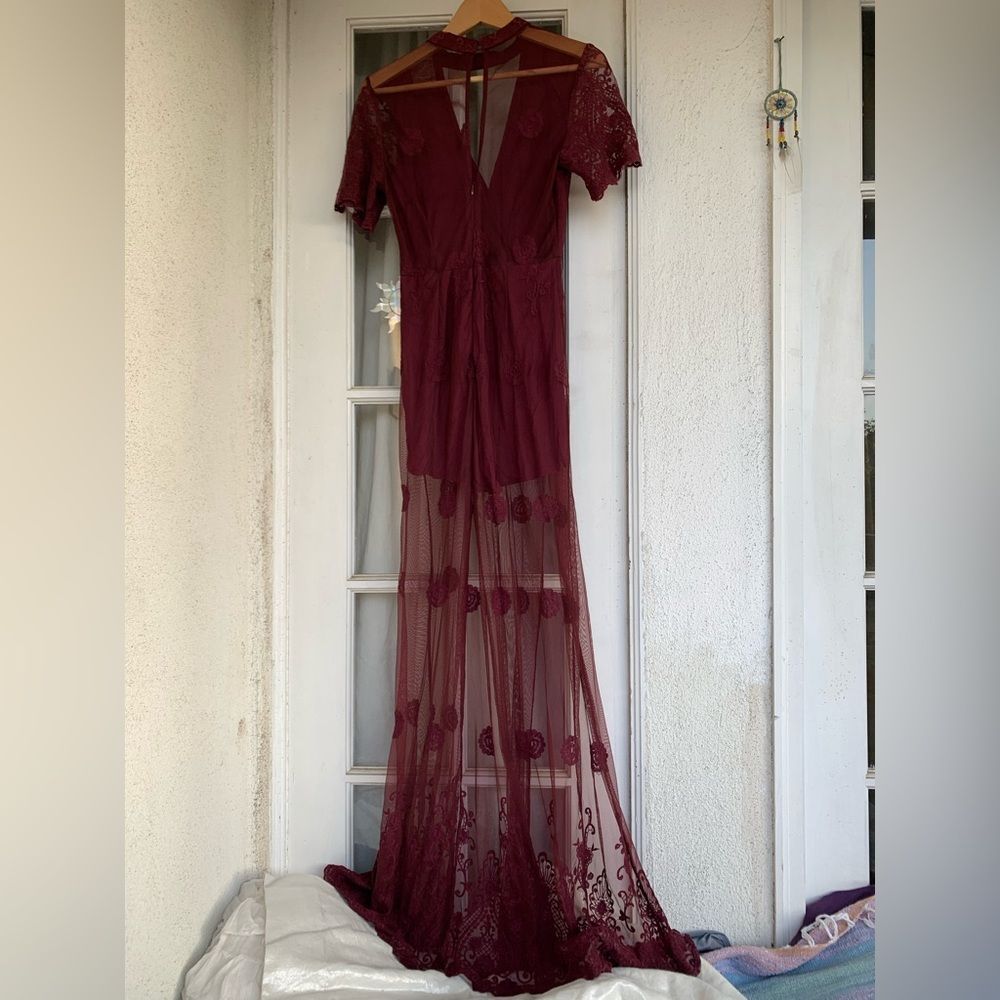 Lush Romper Maxi Choker Dress Burgundy Lace Overlay Deep Cut V Front Sz M